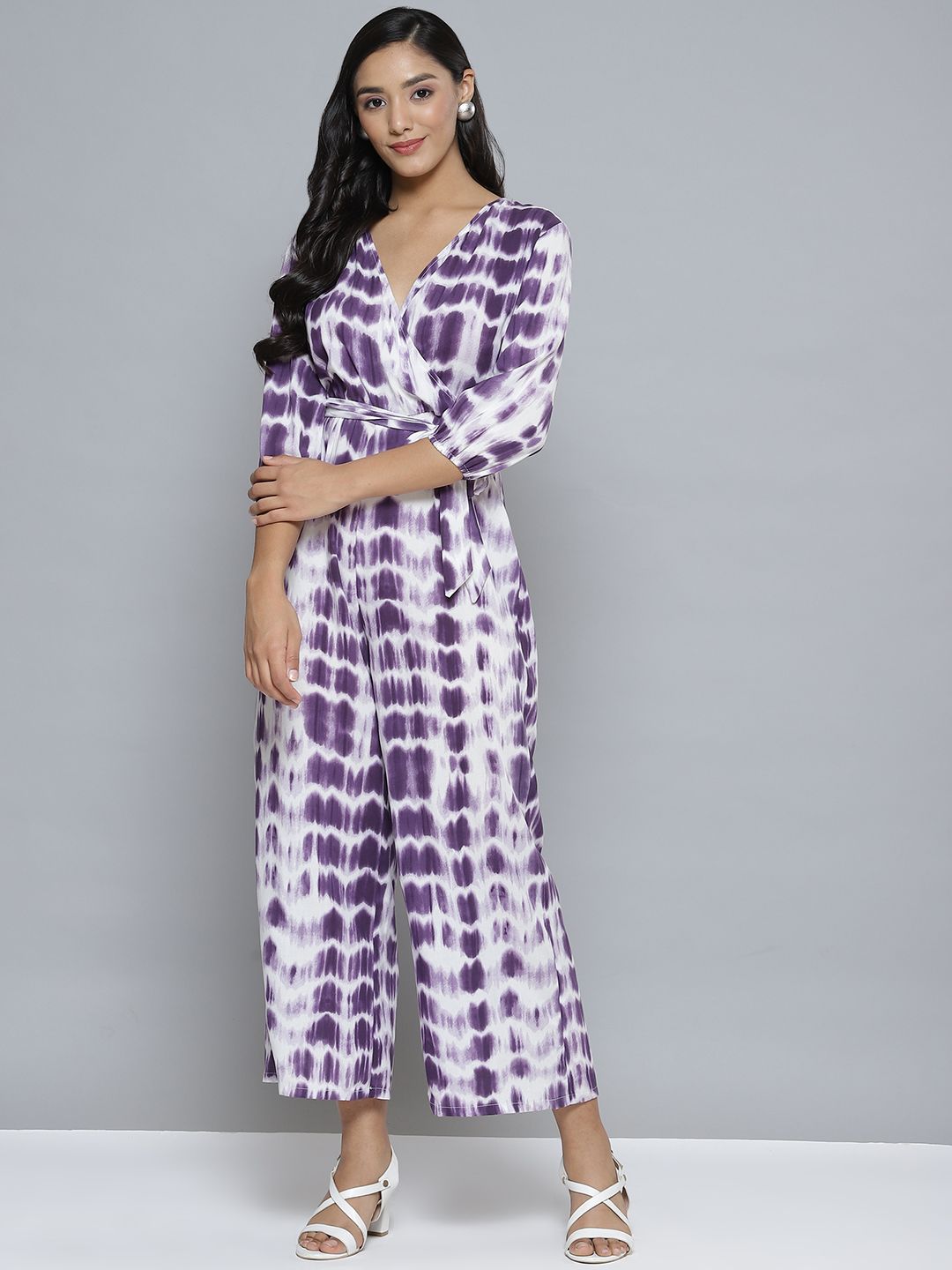 Femella Lavender & White Printed Basic Jumpsuit Price in India