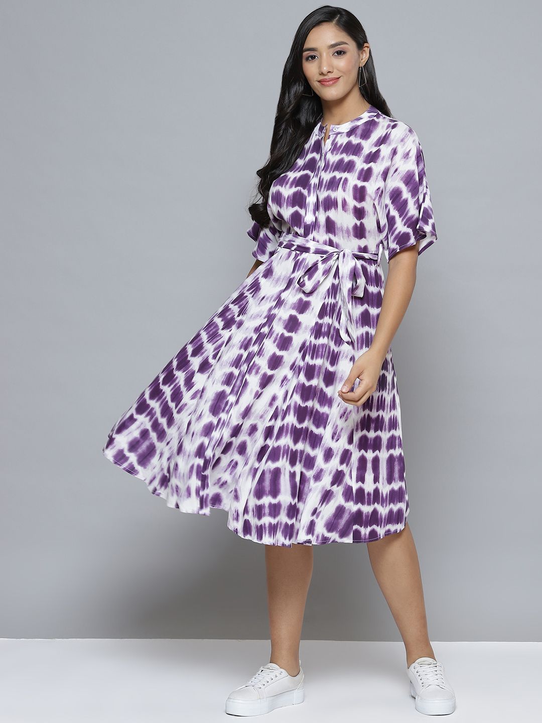 Femella White & Purple Tie and Dye A-Line Midi Dress Price in India