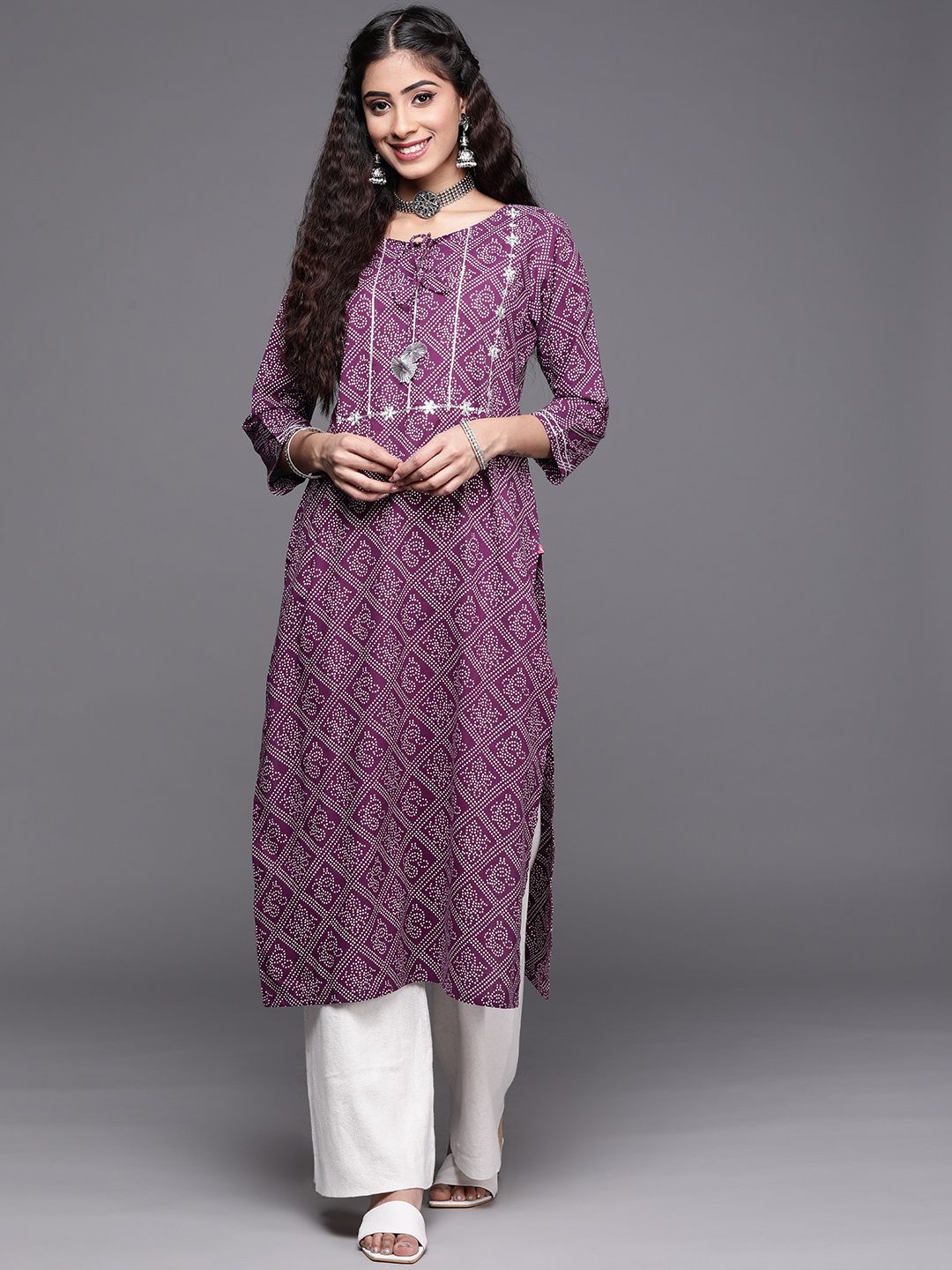 Varanga Women Purple & White Pure Cotton Bandhani Printed Embroidered Detail Kurta Price in India