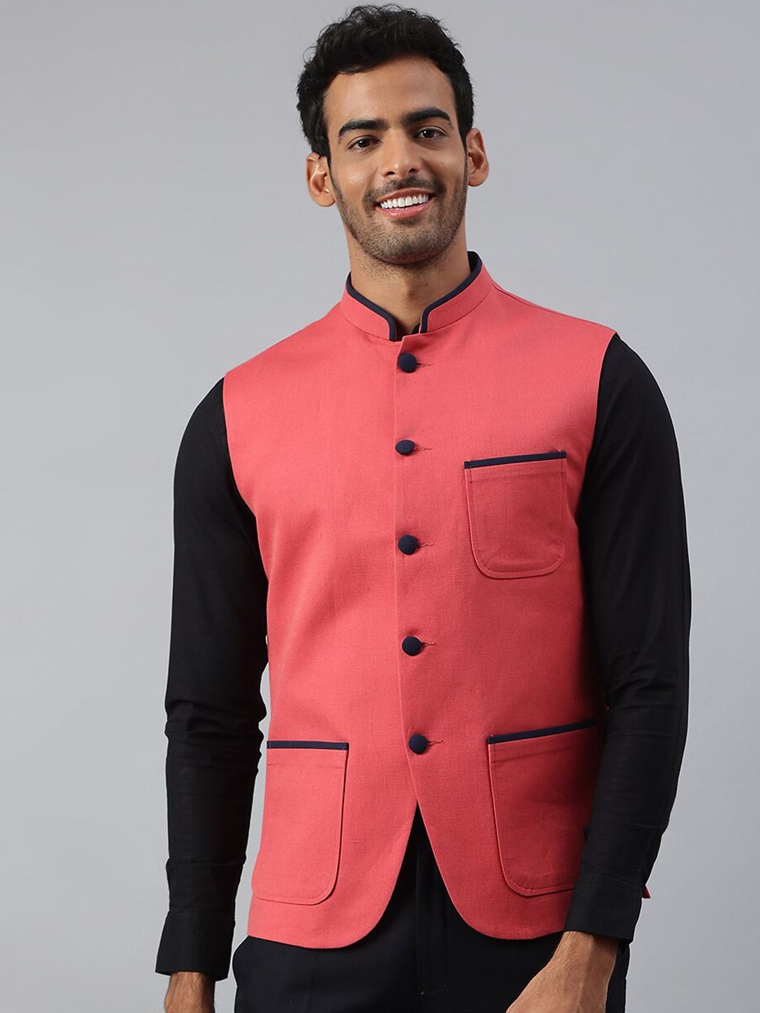 MR BUTTON Men Pink Solid Nehru Jacket