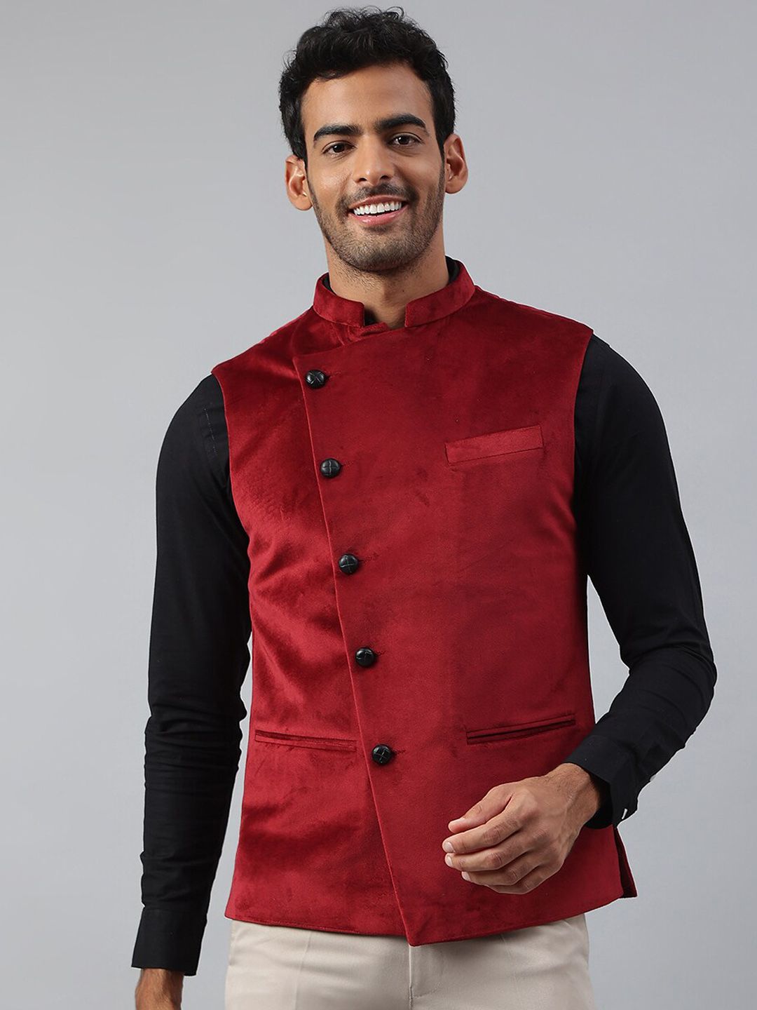 MR BUTTON Men Red Solid Velvet Nehru Jacket
