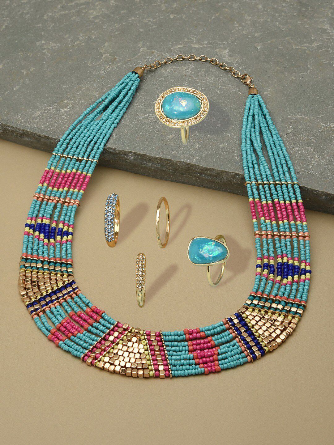 AMI Sea Green & Gold-Plated  Contemporary Necklace & Ring Set Price in India
