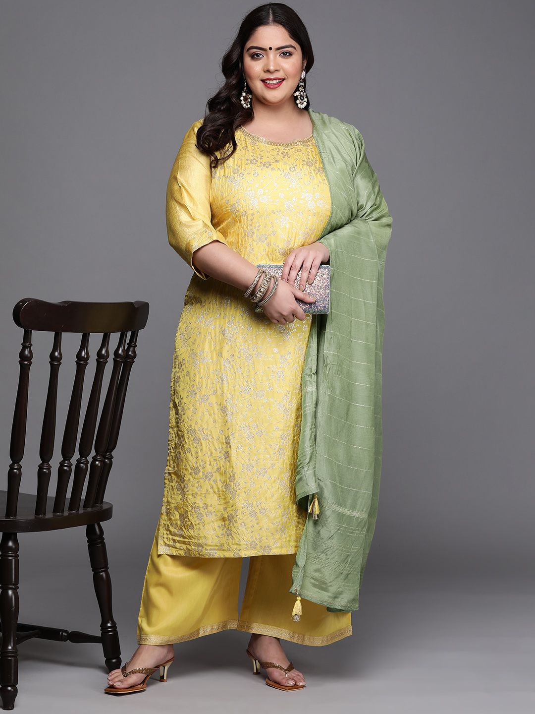 EXTRA LOVE BY LIBAS Women Yellow Floral Plus Size Kurta with Palazzos & With Dupatta Price in India