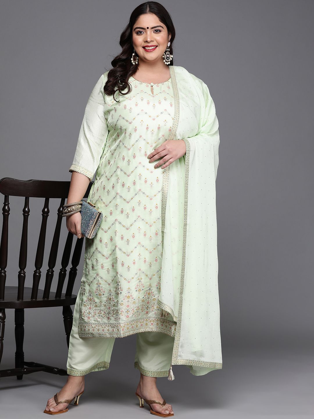 EXTRA LOVE BY LIBAS Women Plus Size Green Ethnic Motifs Kurta with Trousers & With Dupatta Price in India