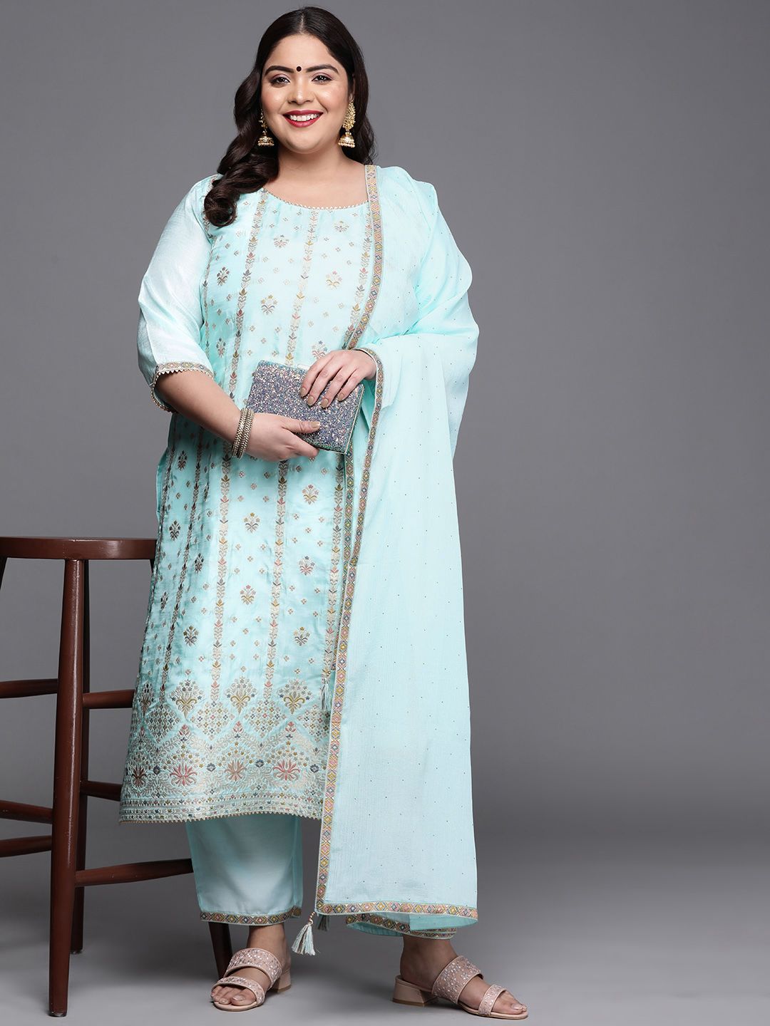 EXTRA LOVE BY LIBAS Women Turquoise Blue Plus Size Kurta with Trousers & Dupatta Price in India