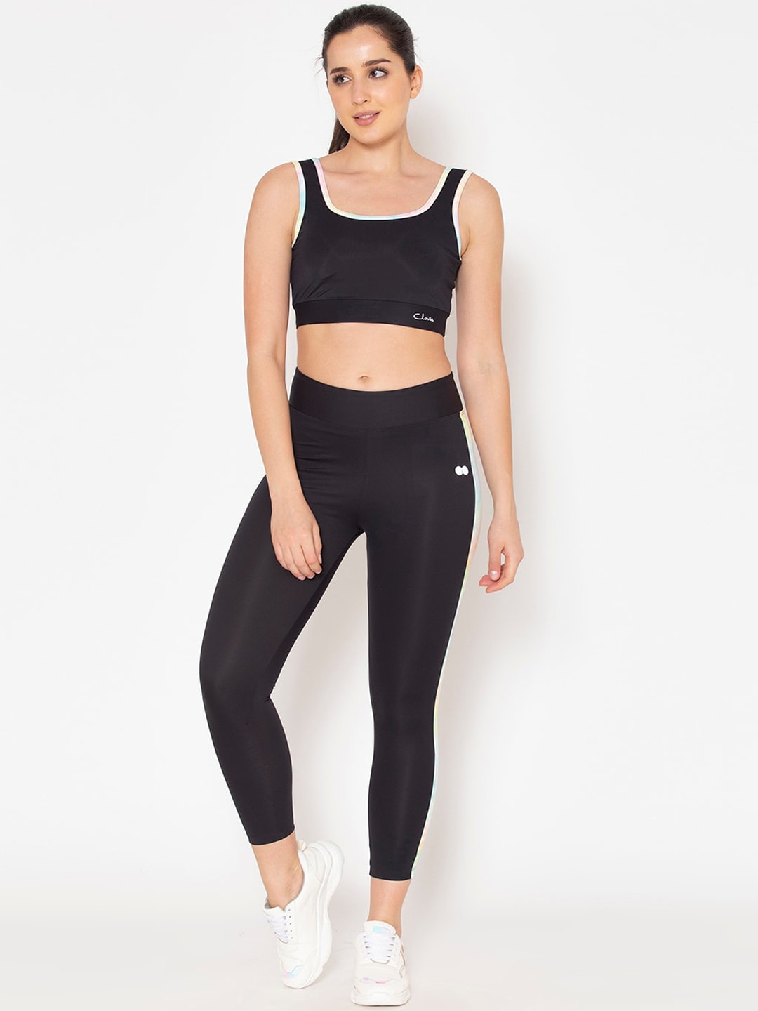 Clovia Women Black Solid Non-Wired Sports Bra with Tights Set Price in India