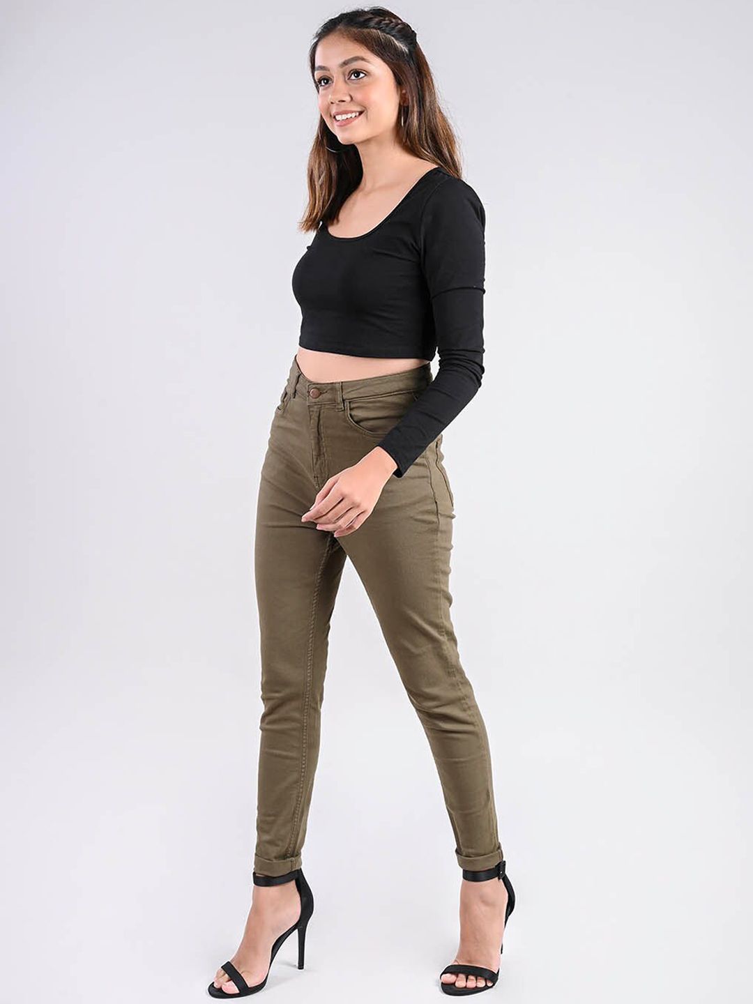 FREAKINS Women Lovely Olive High-Rise Skinny Fit Cropped Jeans Price in India