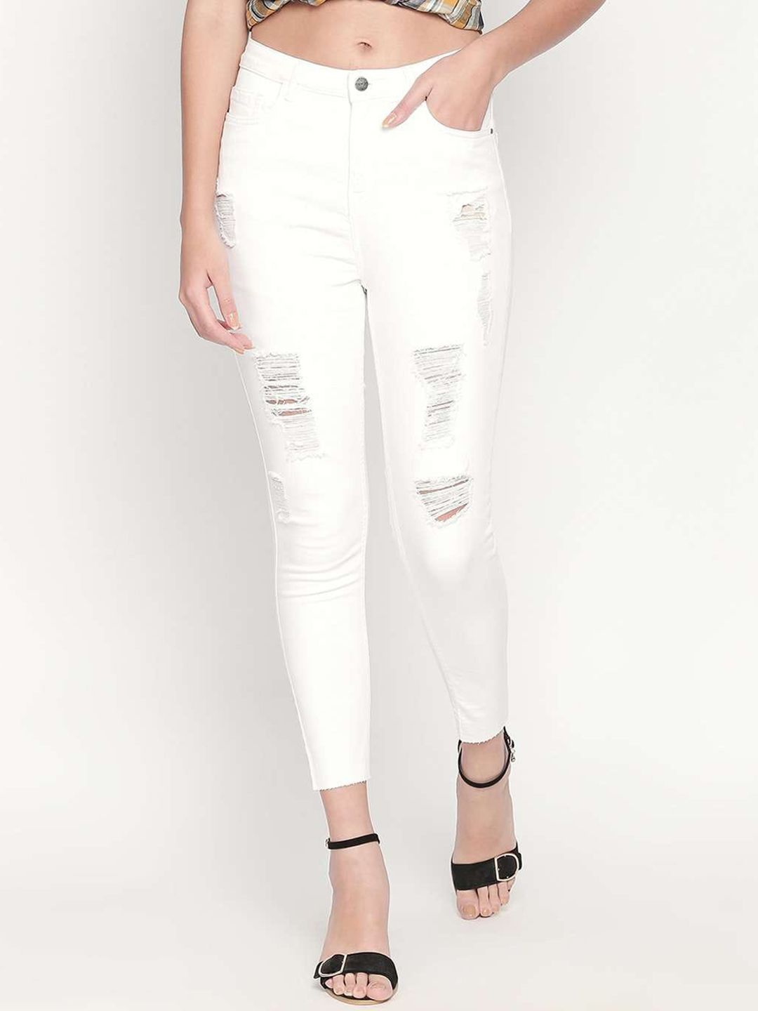 FREAKINS Women White Skinny Fit High-Rise Highly Distressed Jeans Price in India