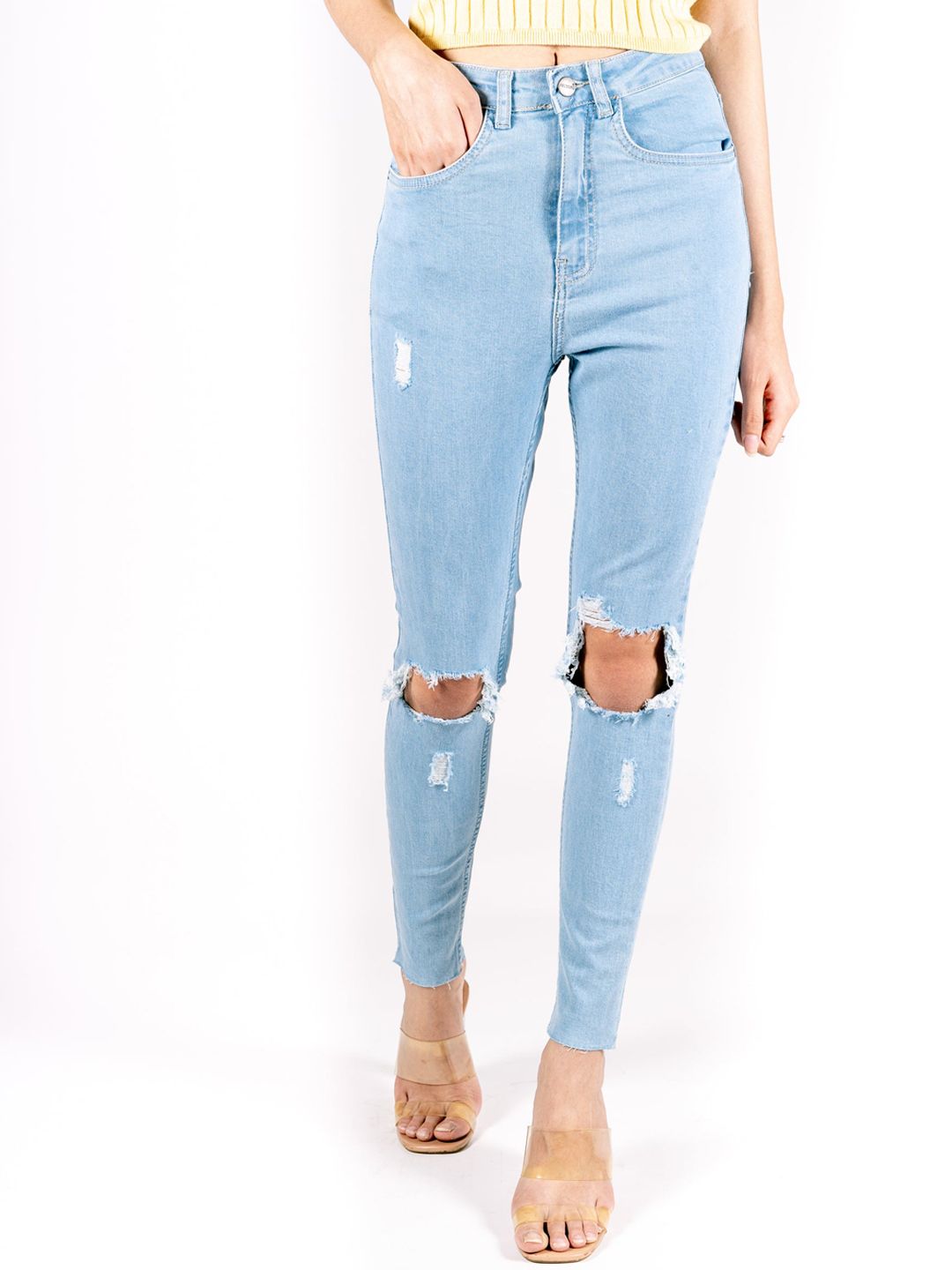 FREAKINS Women Blue Skinny Fit High-Rise Mildly Distressed Heavy Fade Jeans Price in India