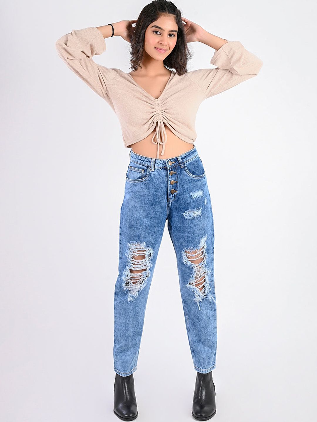 FREAKINS Women Blue Tapered Fit High-Rise Highly Distressed Heavy Fade Jeans Price in India