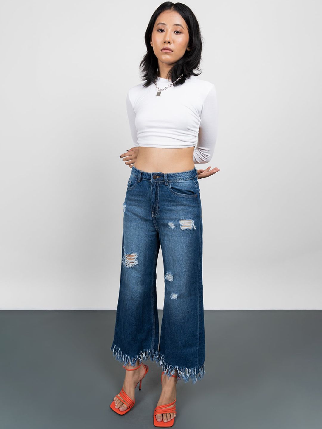 FREAKINS Women Blue High-Rise Mildly Distressed Flared Cropped Jeans Price in India