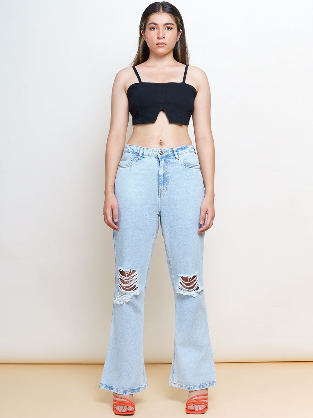 FREAKINS Women Blue High-Rise Bootcut Fit Cropped Jeans Price in India