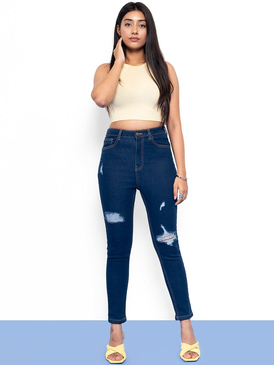 FREAKINS Women Stunning Blue High-Rise Slim Fit Distressed Cropped Jeans Price in India
