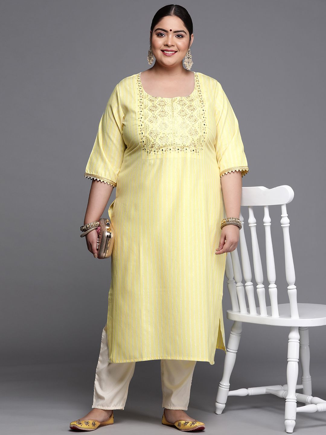 EXTRA LOVE BY LIBAS Women Plus Size Yellow & Golden Yoke Design Thread Work Kurta Price in India