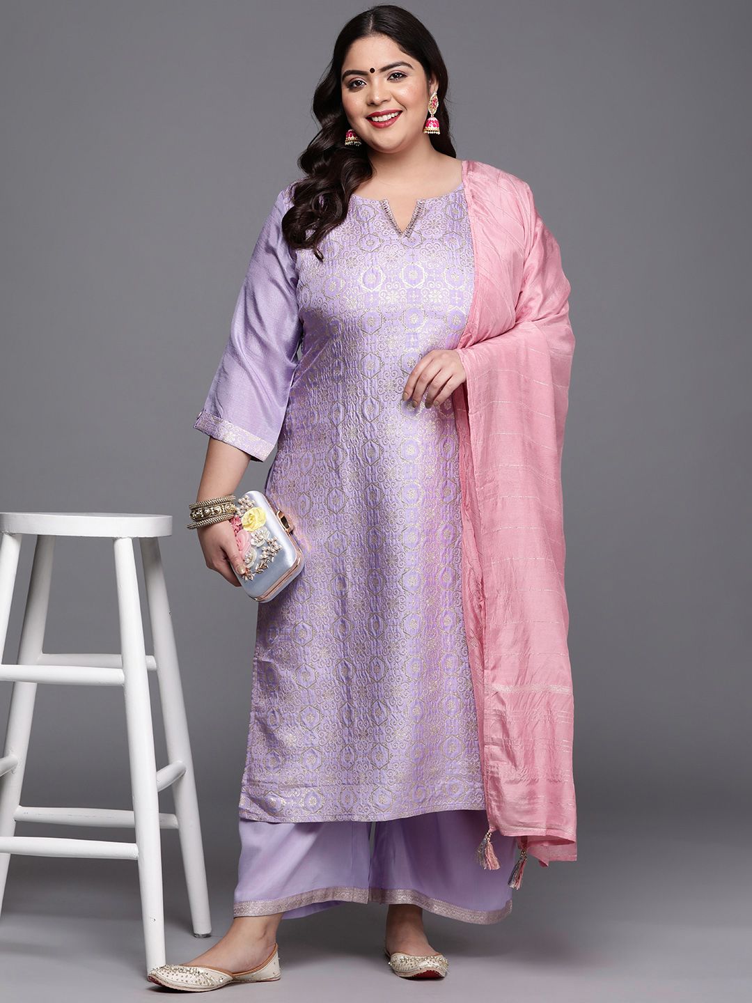 EXTRA LOVE BY LIBAS Women Lavender Ethnic Motifs Plus Size Kurta with Palazzos & Dupatta Price in India