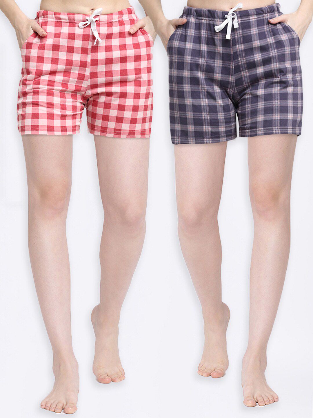 Kanvin Women Pack of 2 Red & Purple Checked Lounge Shorts Price in India