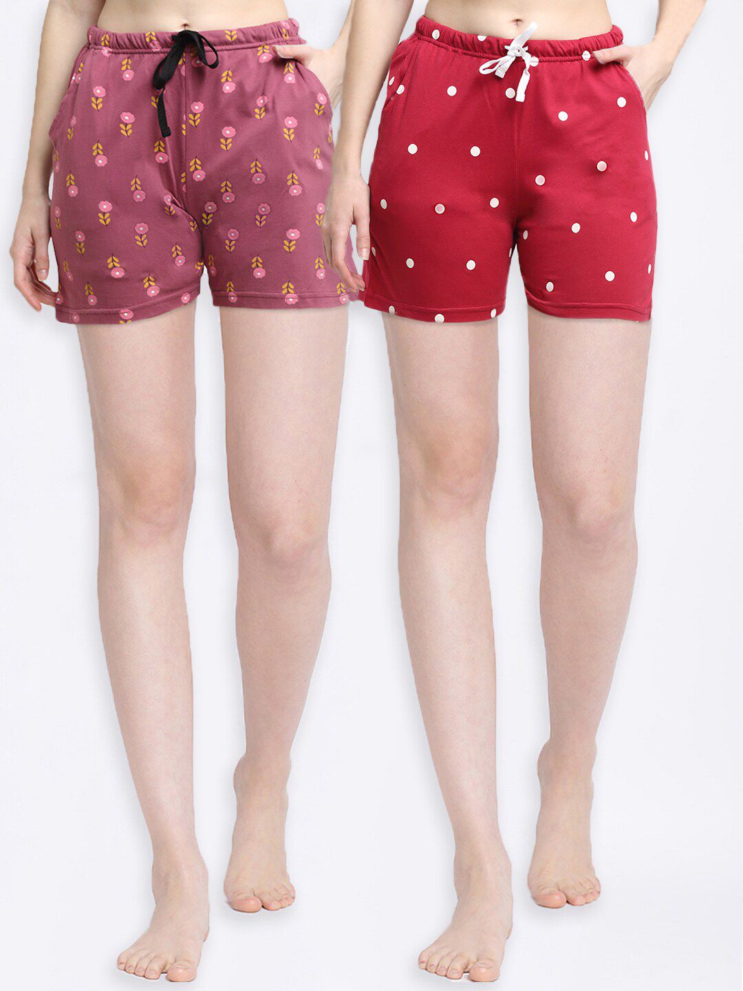 Kanvin Women Pink & Red Set Of 2 Printed Cotton Lounge Shorts Price in India