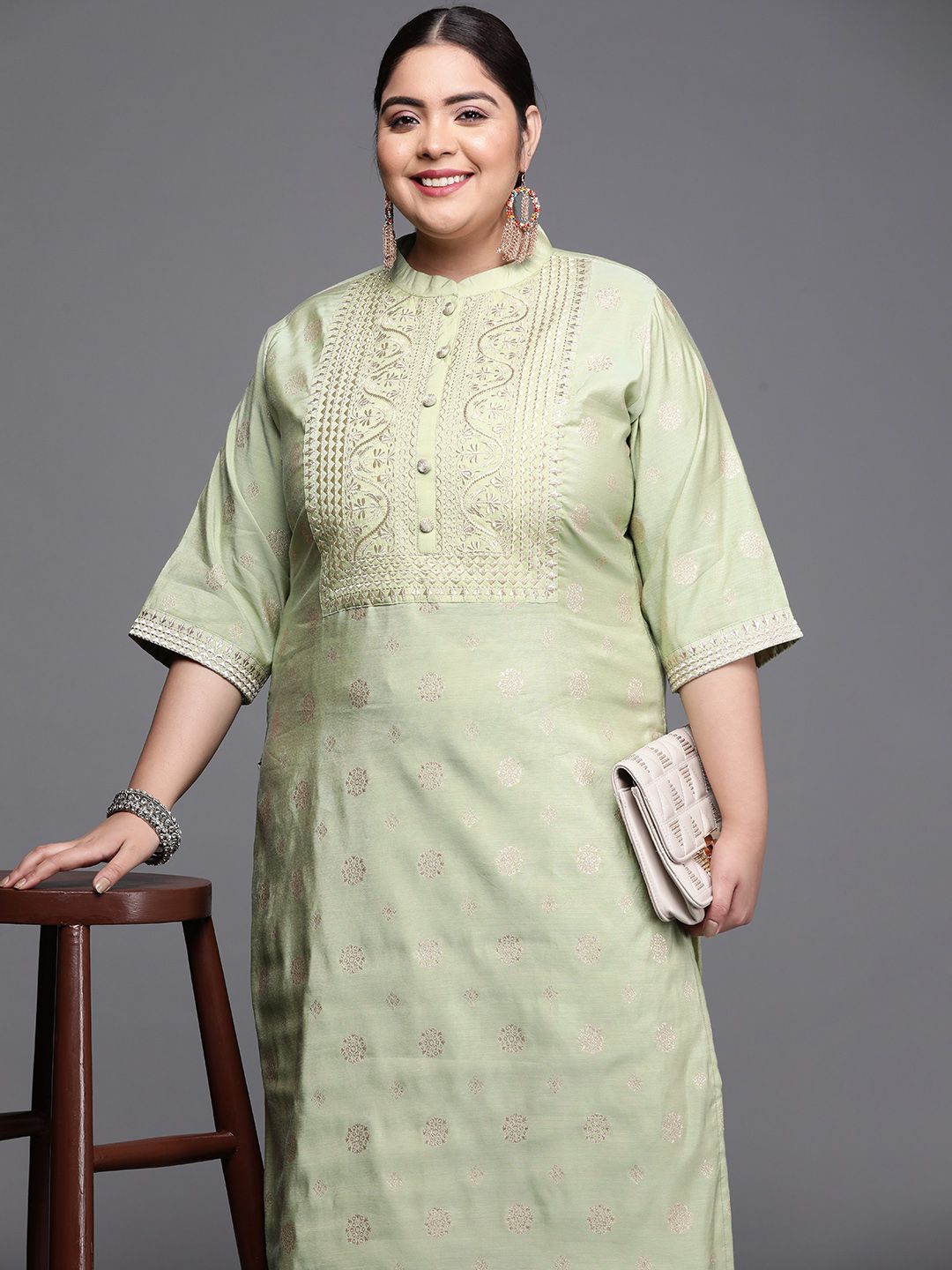 EXTRA LOVE BY LIBAS Women Green & Golden Yoke Design Thread Work Kurta Price in India