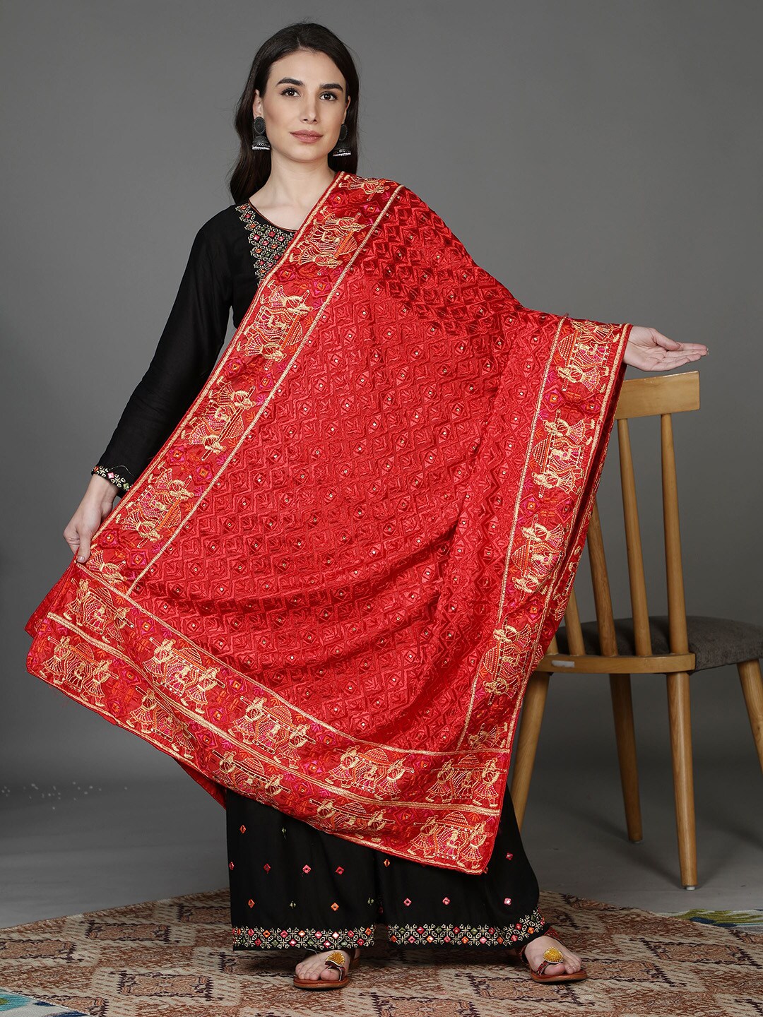 Moda Chales Red & Gold-Toned Embroidered Dupatta with Phulkari Price in India