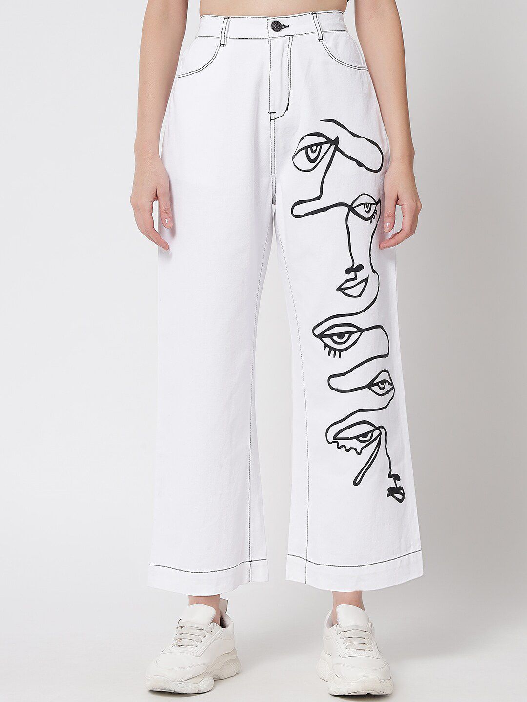 River Of Design Jeans Women White Wide Leg High-Rise Printed Cotton Jeans Price in India