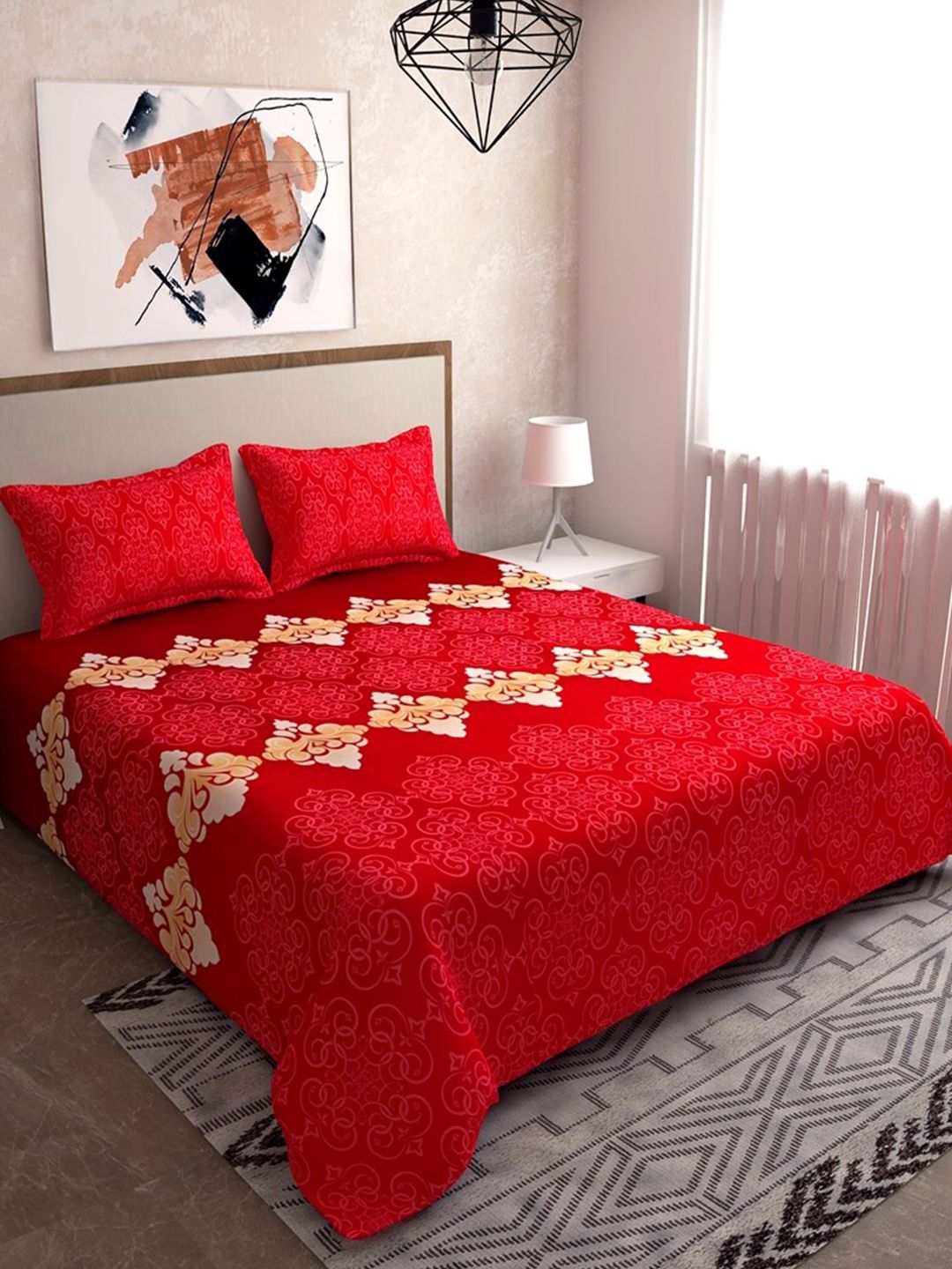 Salona Bichona Red & Beige Ethnic Motifs 120 TC Queen Bedsheet with 2 Pillow Covers Price in India