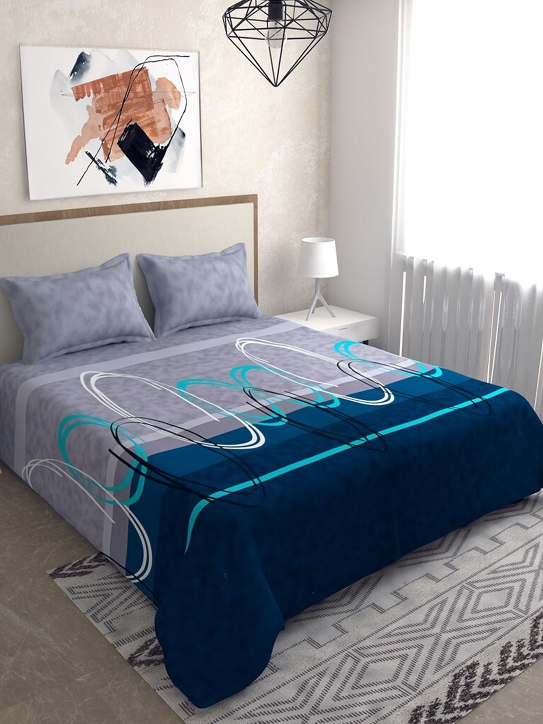 Salona Bichona Teal & White Geometric 120 TC Pure Cotton King Bedsheet with 2 Pillow Cover Price in India