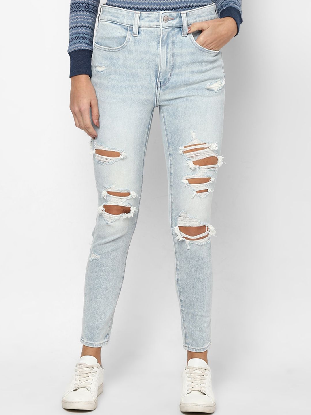 AMERICAN EAGLE OUTFITTERS Women Blue Slim Fit High-Rise Highly Distressed Heavy Fade Jeans Price in India
