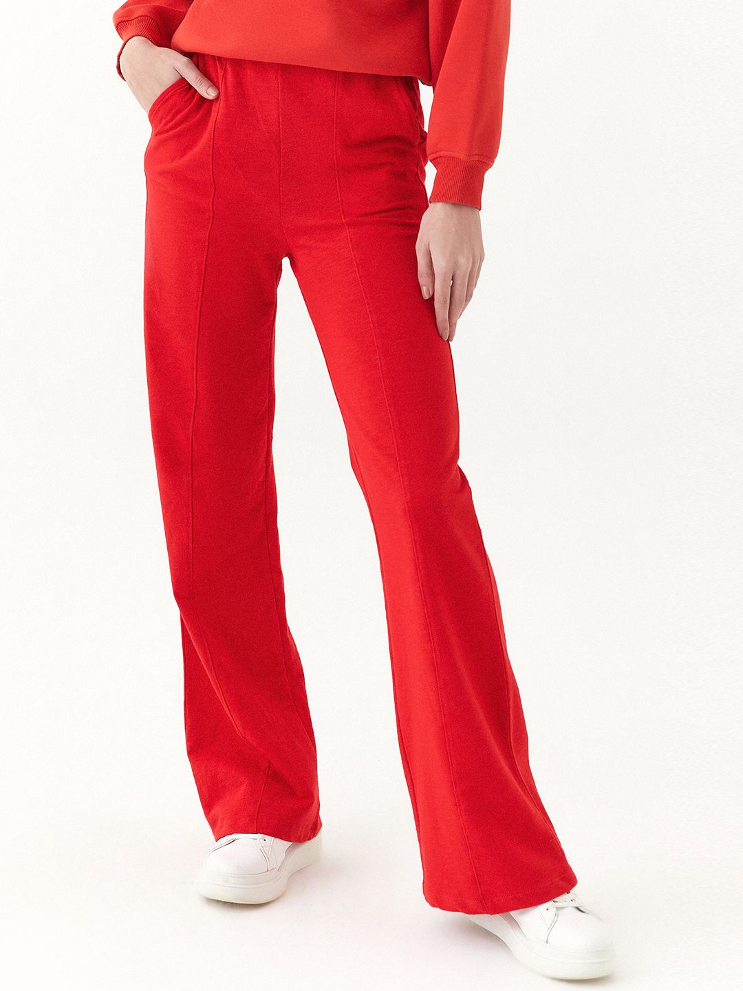 OXXO Women Red Solid Flared High-Rise Trousers Price in India