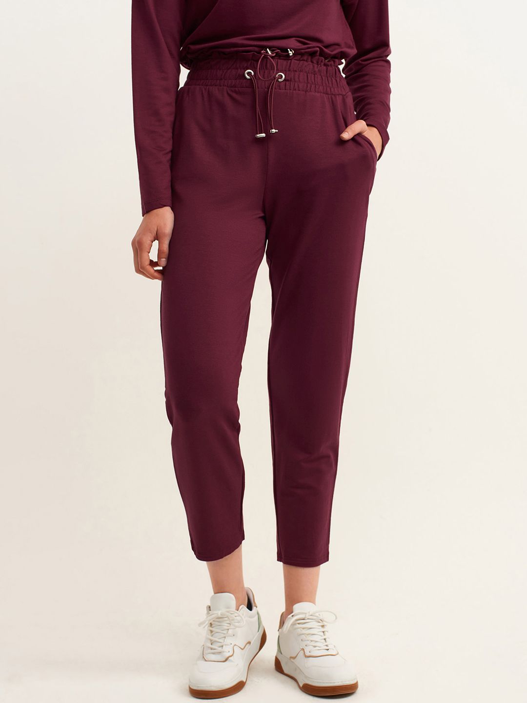 OXXO Women Maroon Solid Trousers Price in India