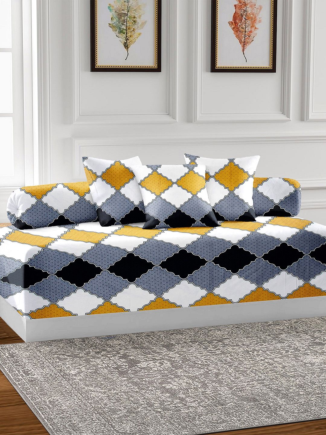 AEROHAVEN Set of 5 Yellow & Turquoise Blue Geometric Printed 150 GSM Diwan Set