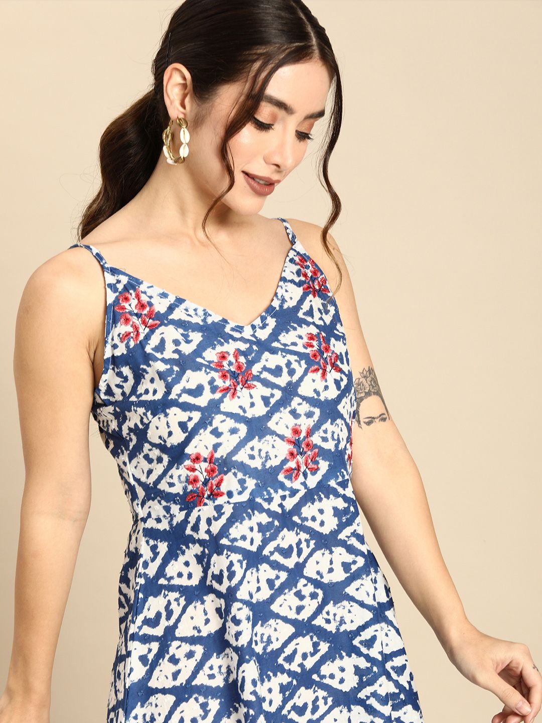 all about you Women Blue & White Printed A-Line Sleeveless Dress Price in India