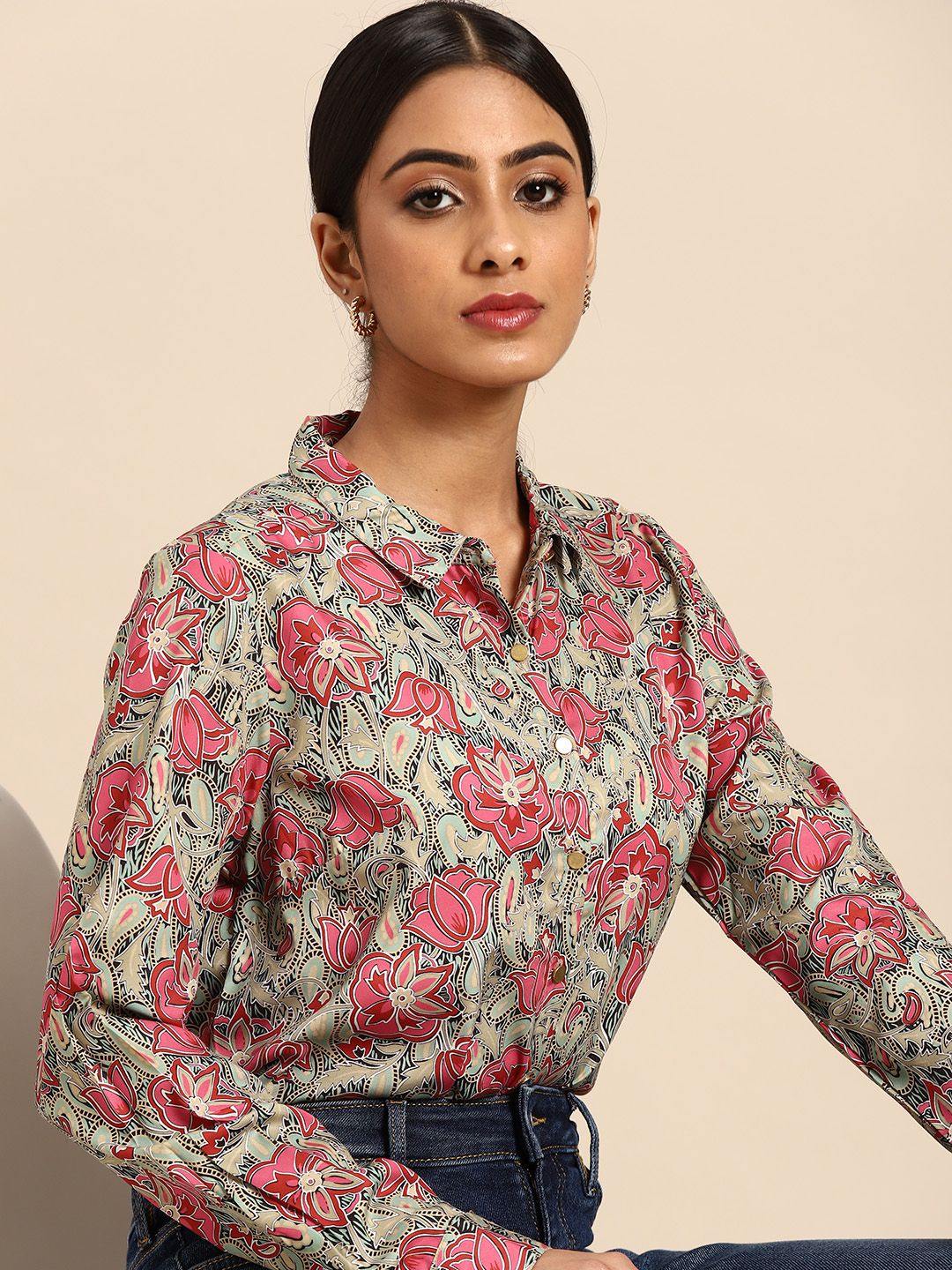 all about you Women Green & Pink Floral Print Casual Shirt Price in India