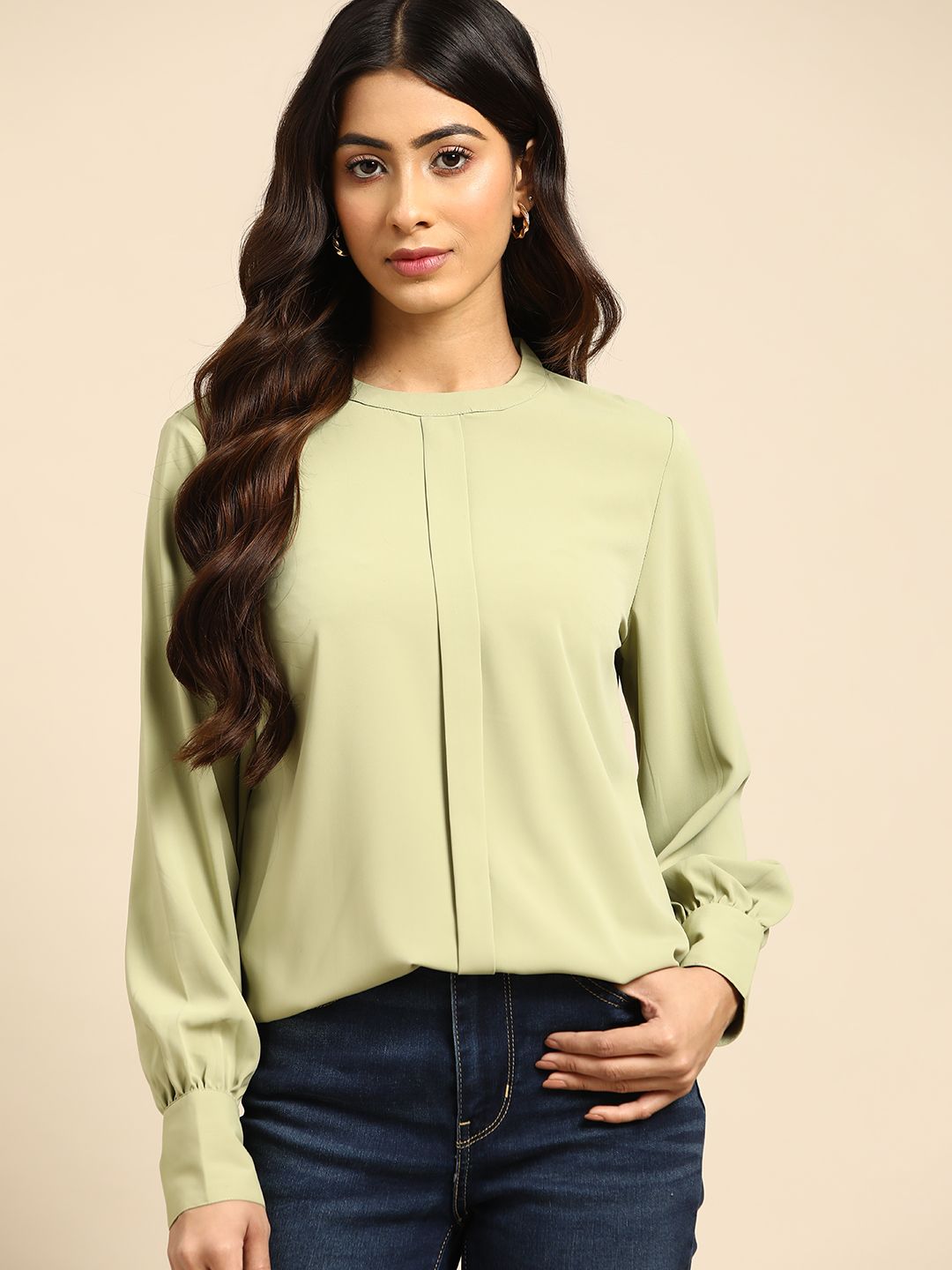 all about you Sage Green Solid Pleat-Detail Top Price in India