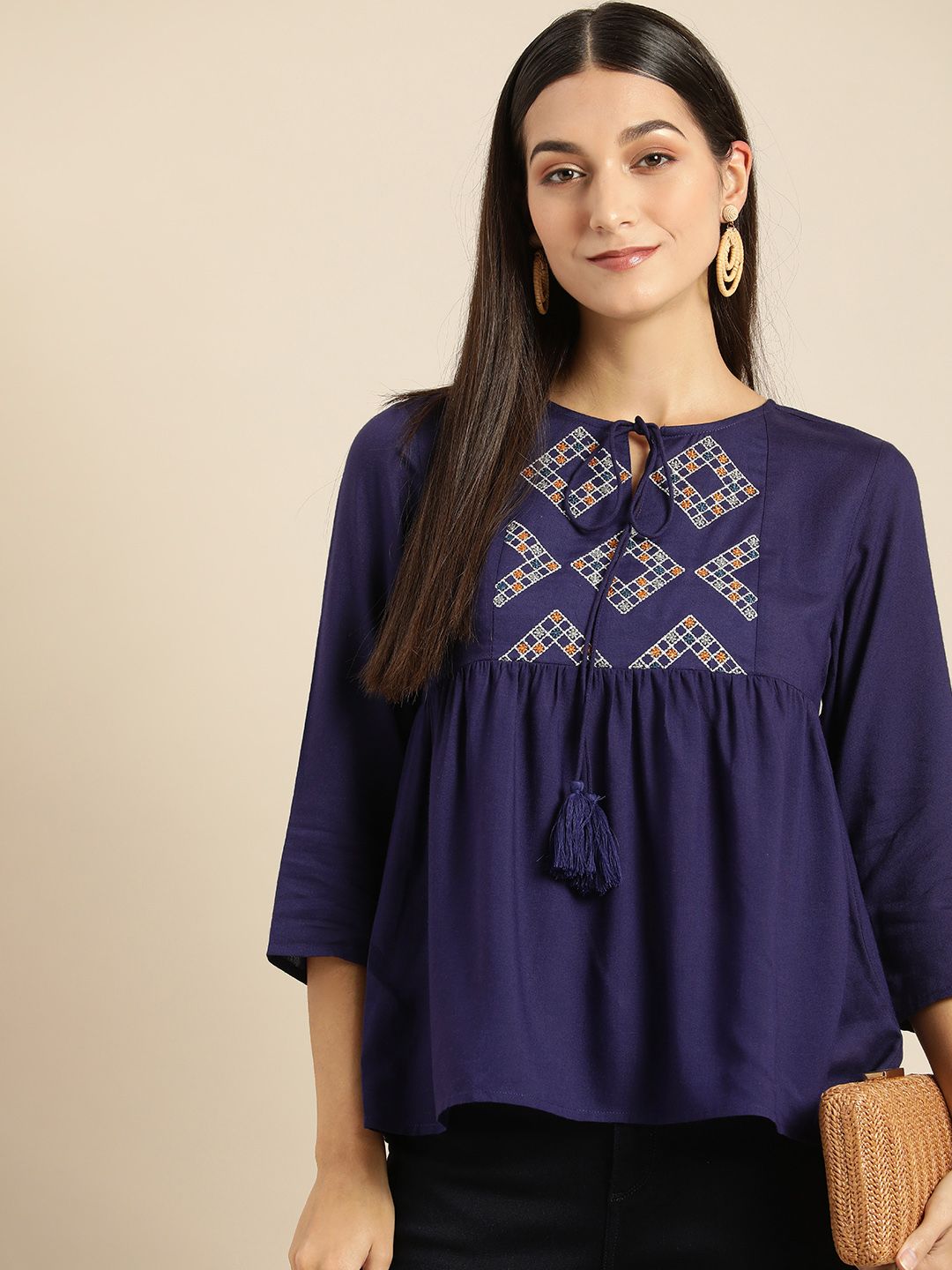 all about you Women Navy Blue Embroidered Tie-Up Neck Empire Top Price in India