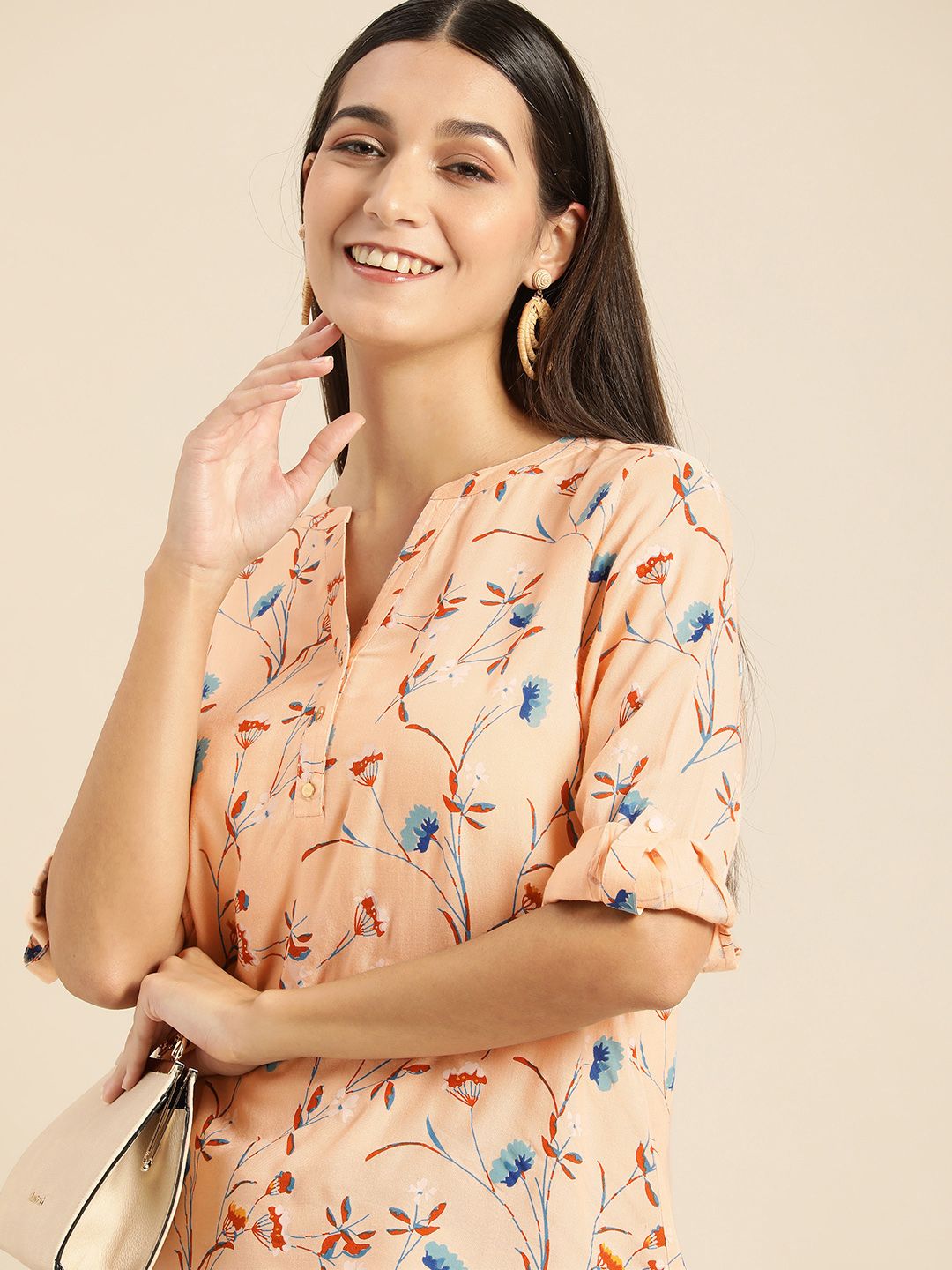 all about you Women Peach-Coloured & Blue Tropical Print Regular Top Price in India