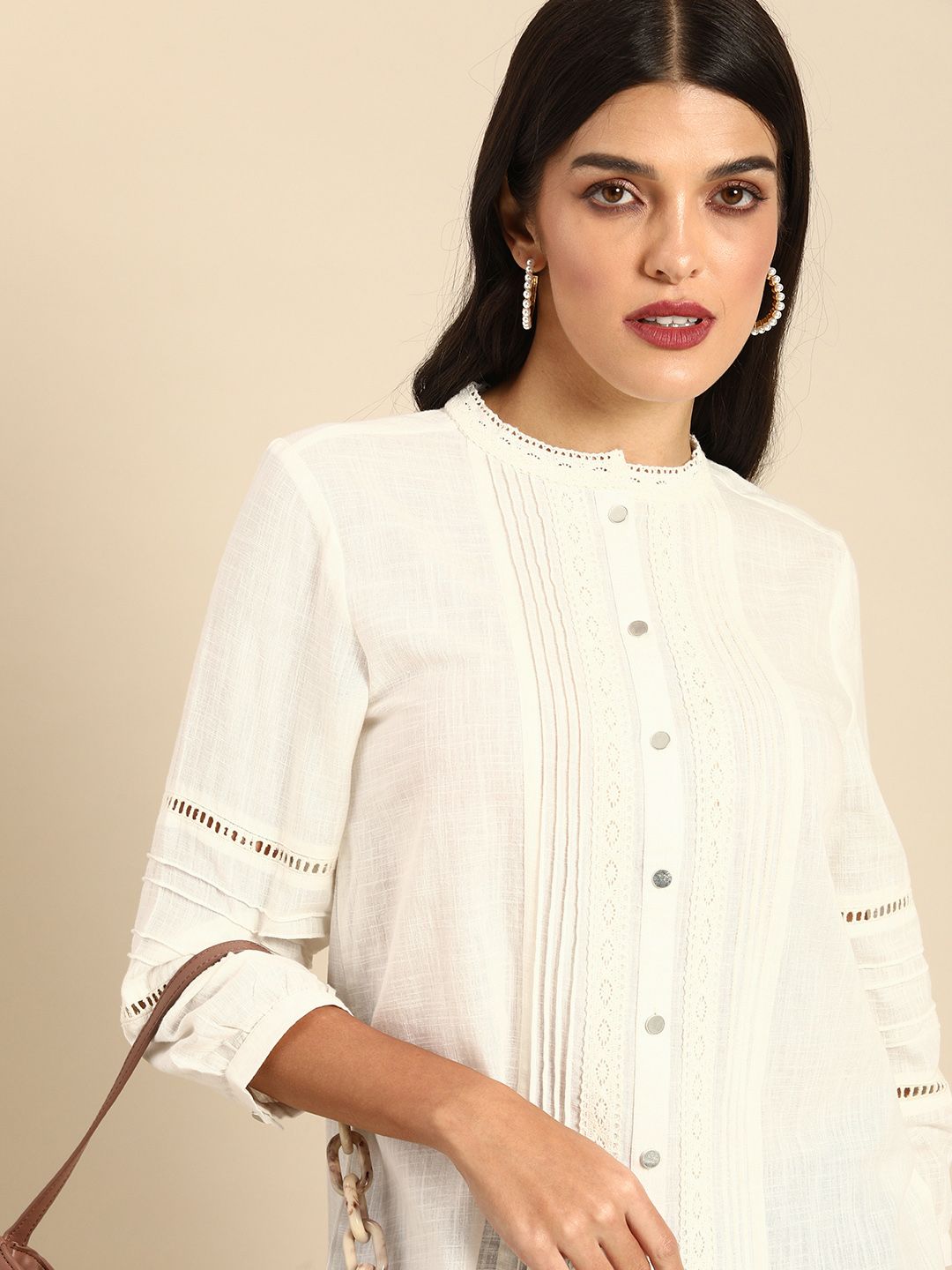 all about you Off White Self Designed Lace Up Mandarin Collar Regular Top Price in India