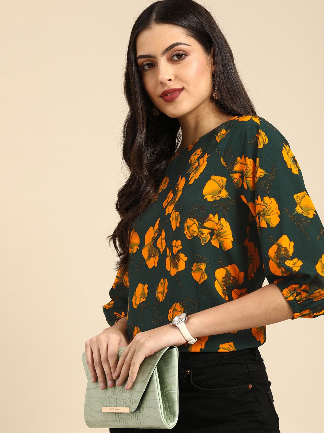 all about you Green & Yellow Floral Printed Top Price in India