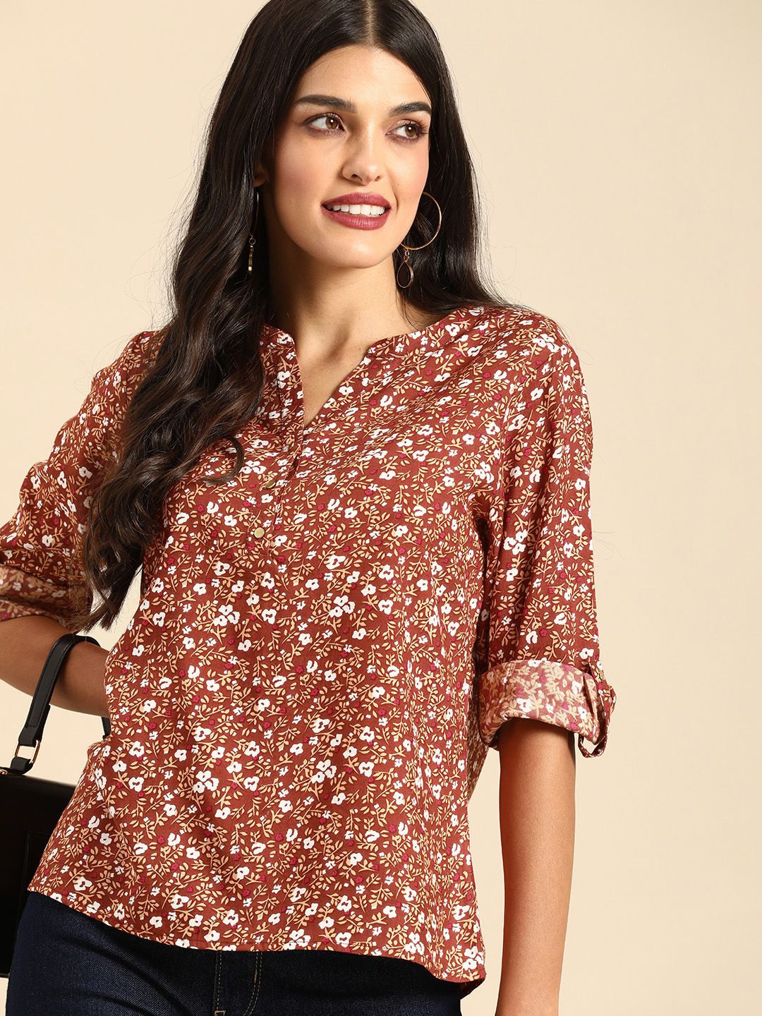 all about you Rust Floral Printed Roll-Up Sleeves Top Price in India