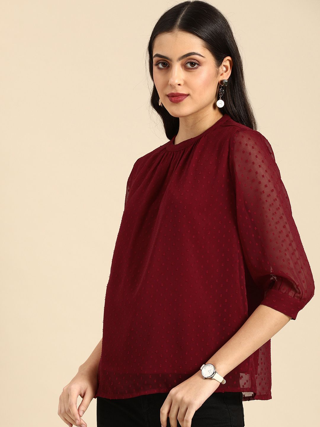 all about you Women Maroon Self Designed Dobby Regular Top Price in India