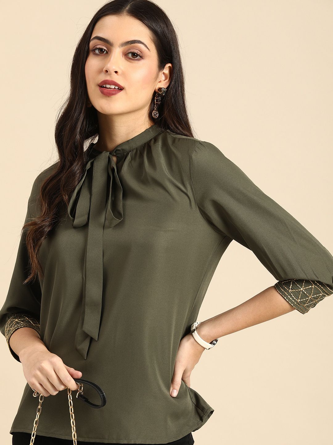 all about you Olive Green Tie-Up Neck Top Price in India