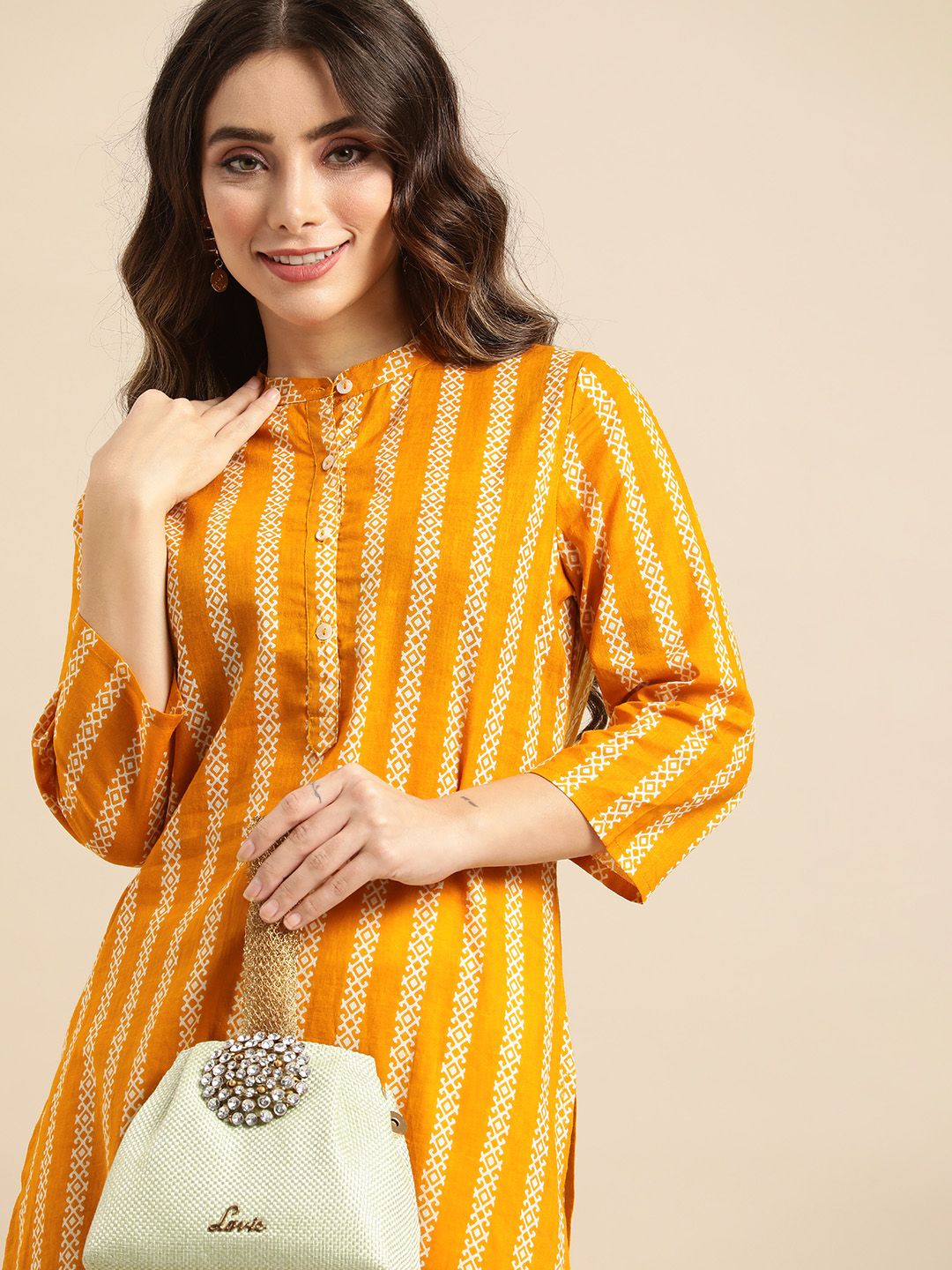 all about you Women Mustard Yellow Ethnic Motifs Striped Print Pure Cotton Kurta Price in India
