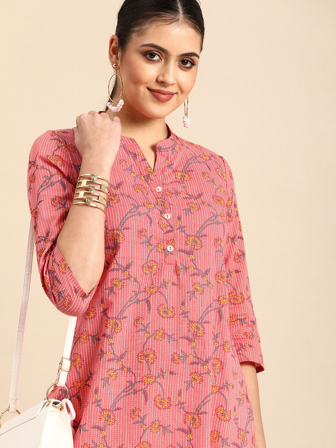 all about you Women Pink & Yellow Floral Printed Kurta Price in India