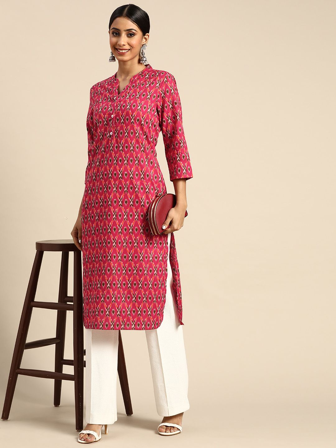 all about you Women Fuchsia & Green Printed Pure Cotton Kurta Price in India