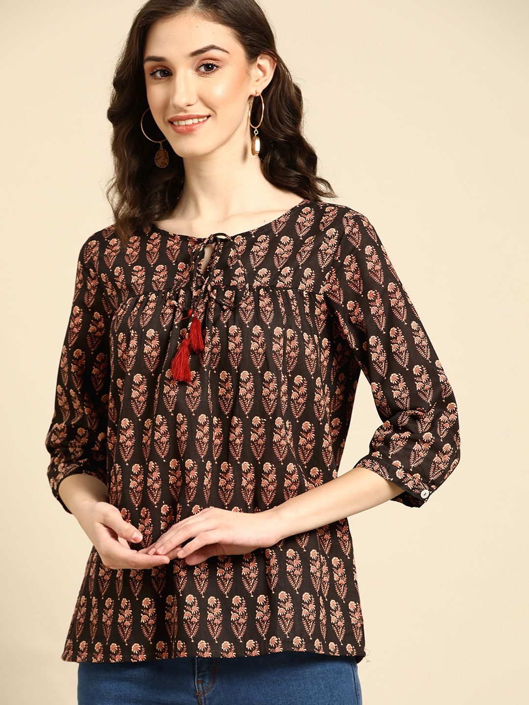 all about you Black & Beige Floral Ethnic Motifs Three Quarter Sleeves Pure Cotton Kurti Price in India