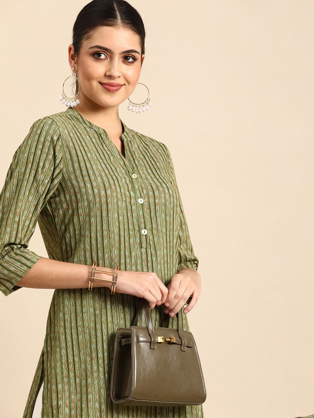 all about you Women Green & White Printed Kurta Price in India