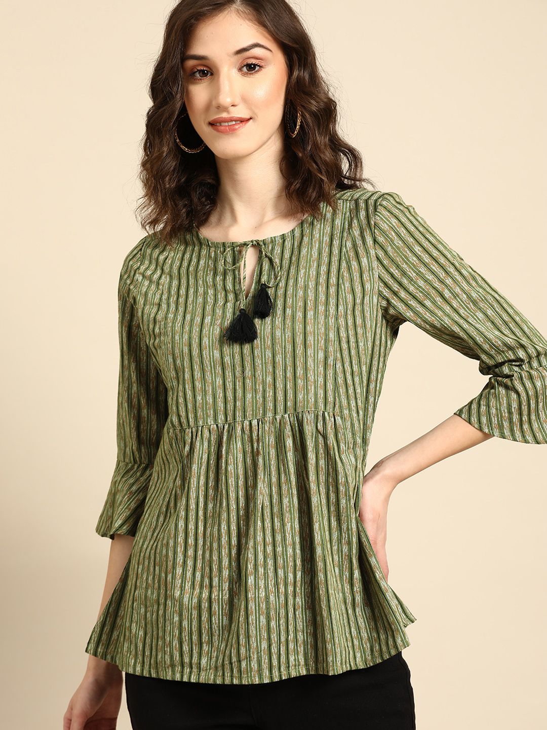 all about you Olive Green & Black Stripe printed bell Sleeves Pure Cotton Kurti Price in India