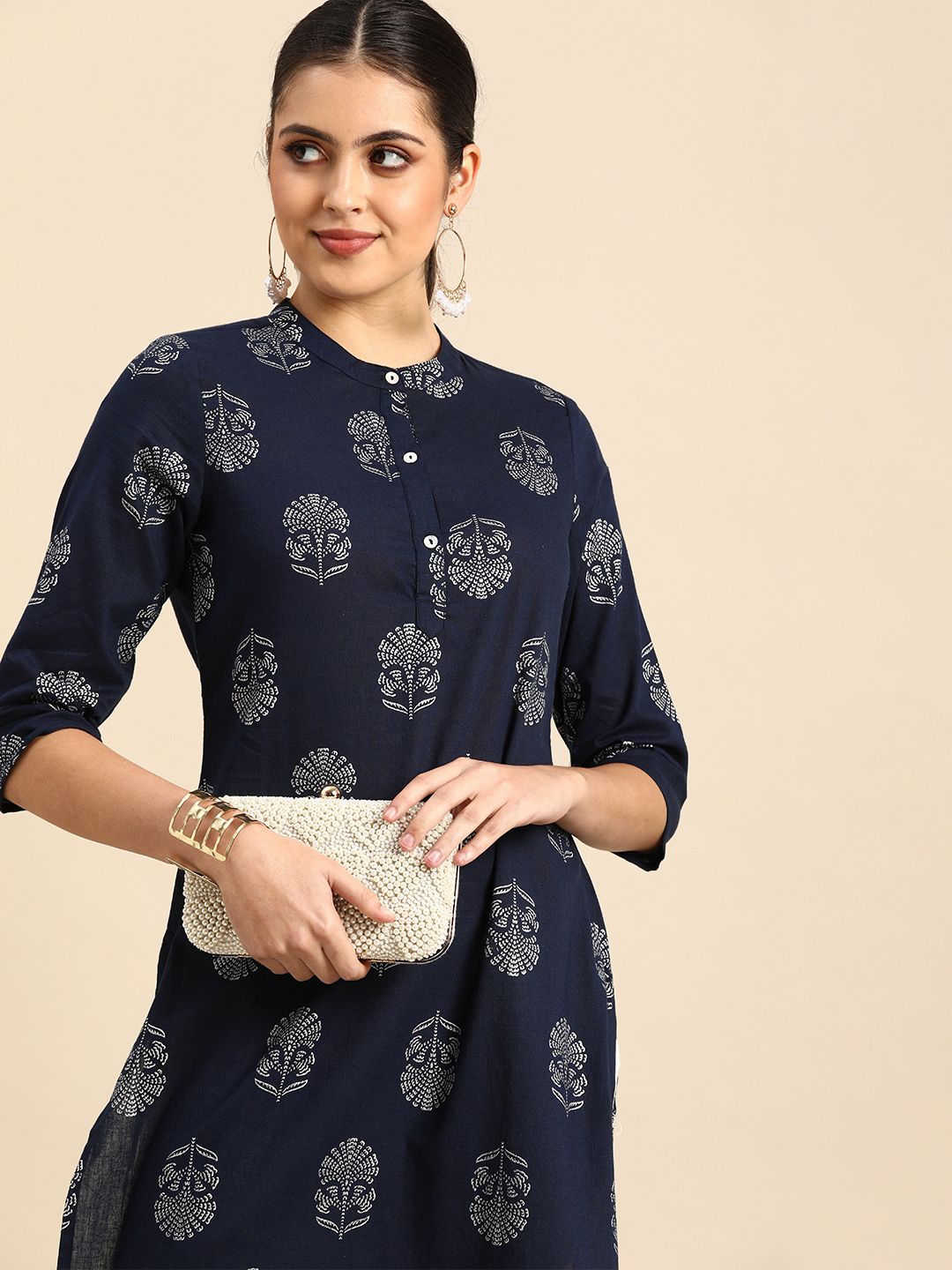 all about you Women Navy Blue & Silver-Toned Ethnic Motifs Printed Kurta