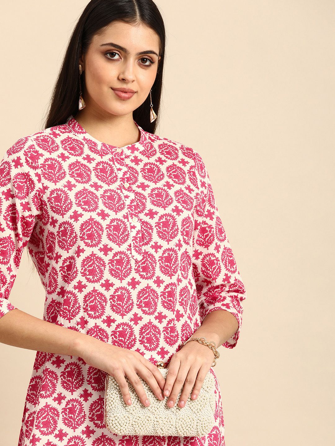 all about you Women White & Pink Ethnic Motifs Printed Kurta Price in India