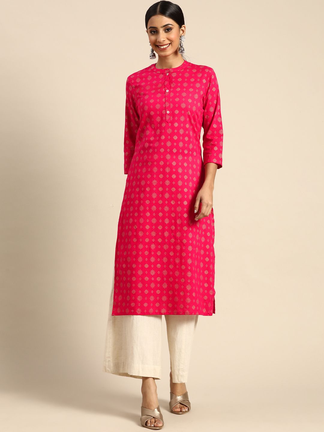 all about you Women Red & Gold-Toned Pure Cotton Ethnic Motifs Printed Kurta Price in India