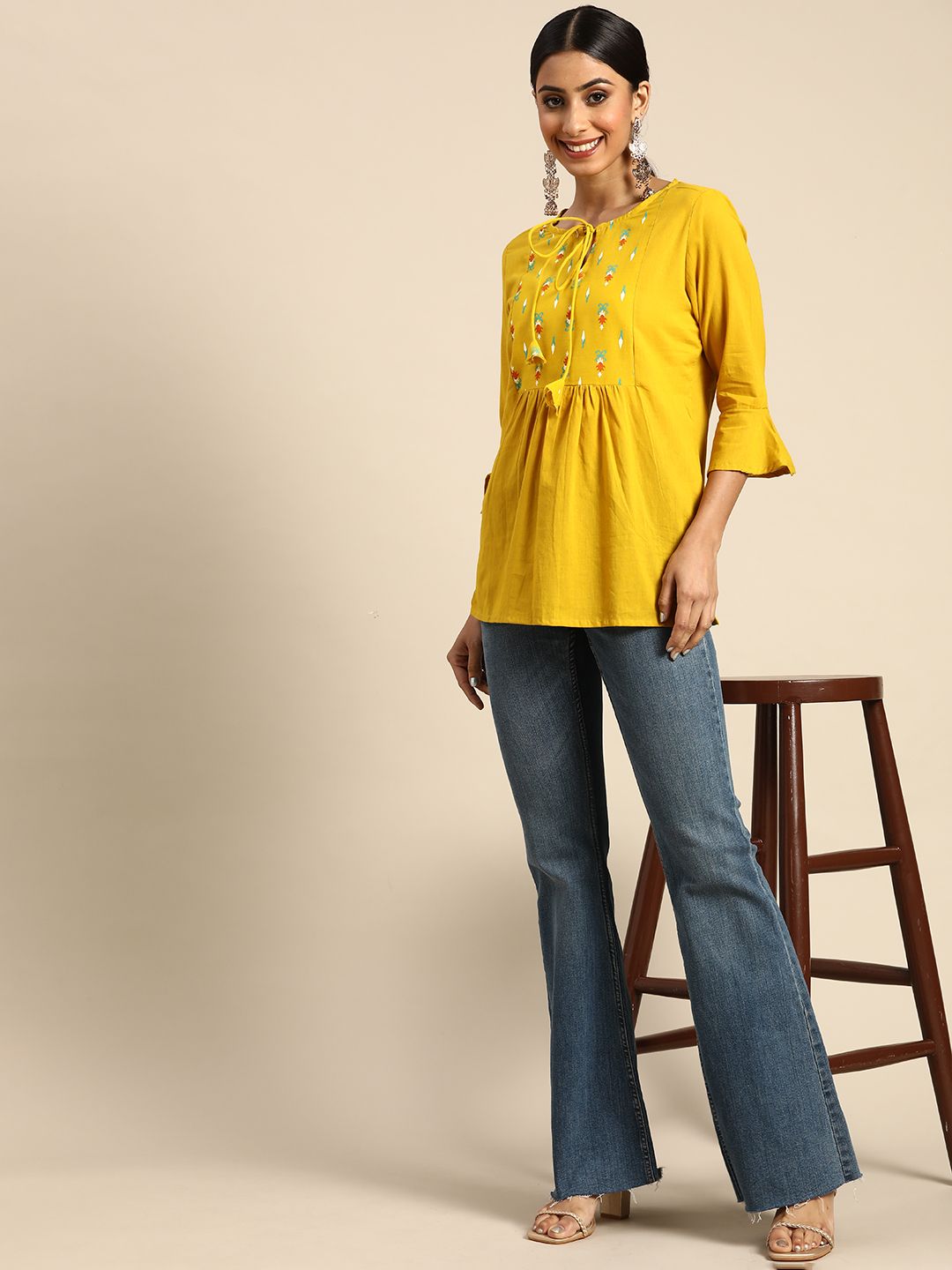 all about you Mustard Yellow & Green Ethnic Motifs Yoke Design Flared Sleeves Pure Cotton Pleated Kurti Price in India